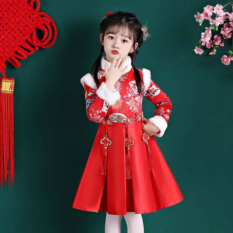 New children\'s spring and autumn winter clothing Hanfu children\'s ancient costume plus cotton dress baby Tang suit red dress