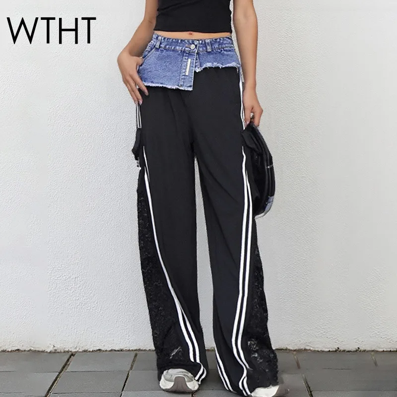 

WTHT 2025 Summer Fashion Women's Patchwork Denim High Waist Casual Pants Spliced Lace Striped Straight Trousers Female 1LS2185