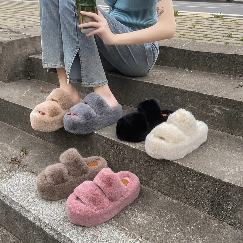 New tall furry slippers 42 woman winter outdoor fur mules women\'s warm flip flops ladies high platform open toe fluffy slippers