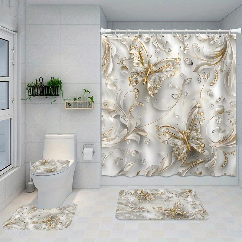4pcs Elegant Butterfly Shower Curtain Set with 12 Hooks, Waterproof Polyester Fabric, Washable Bath Mat, Anti-Slip Carpet, F