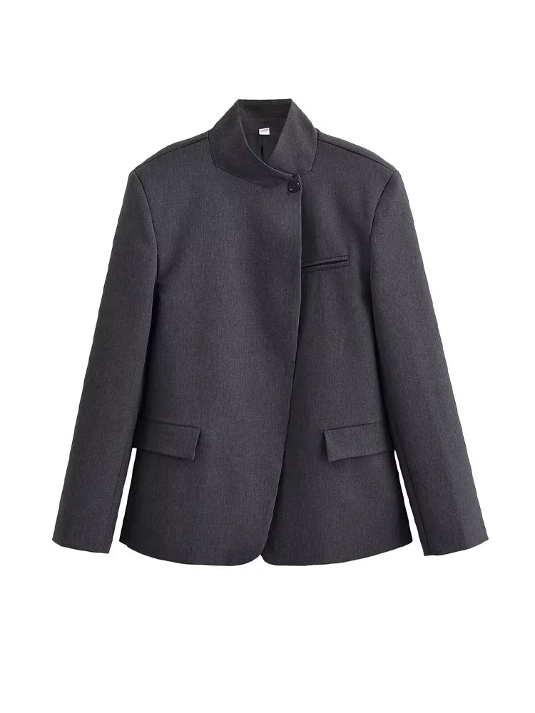 

HH Women's Trendy Autumn And Winter New Stand-Up Collar Slant Placket Suit Jacket Gray Wide-Leg Pants Commuting Two-Piece Set