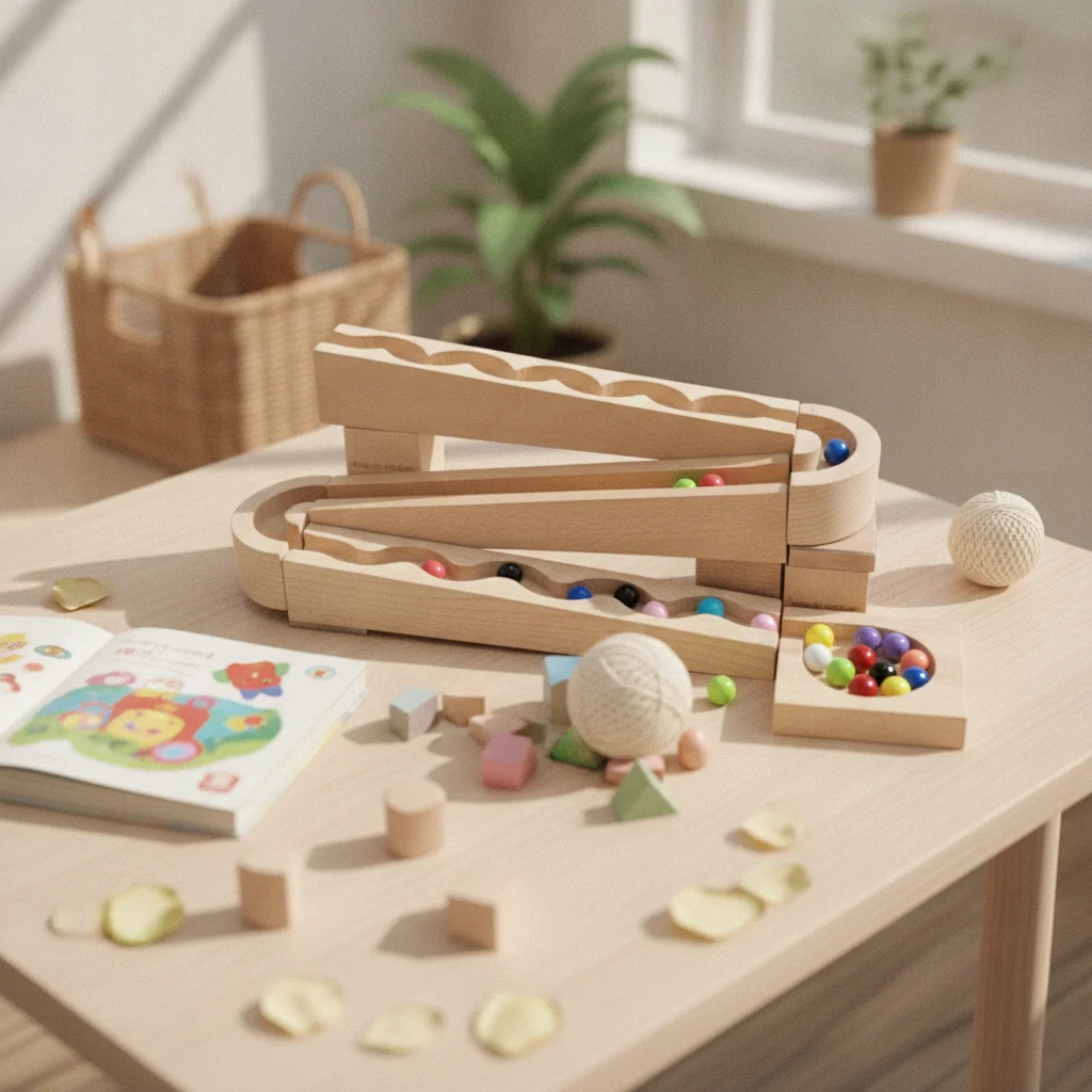 Wooden Ball Track with Blocks Interlocking Ball-Track Building Toy Wooden Marble Run with Balls Smooth Marble Maze Classic