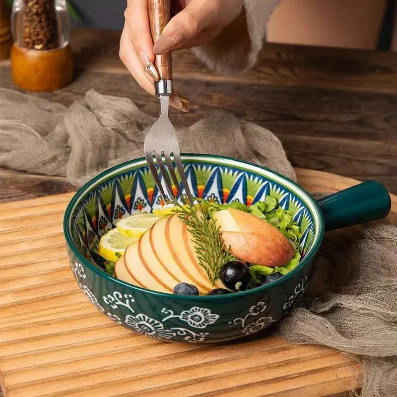 6.2In Retro Ceramic Handle Bowls Household Rice Bowls With Handles Instant Noodle Bowls Salad Bowls Air Fryer Baking Bowls