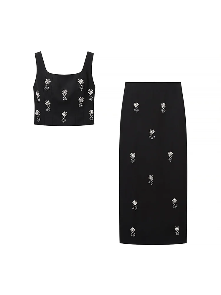 

Весенняя новая женская одежда в европейском и американском стиле, французский модный дизайн, комплект с длинной юбкой с разрезом и открытой спиной