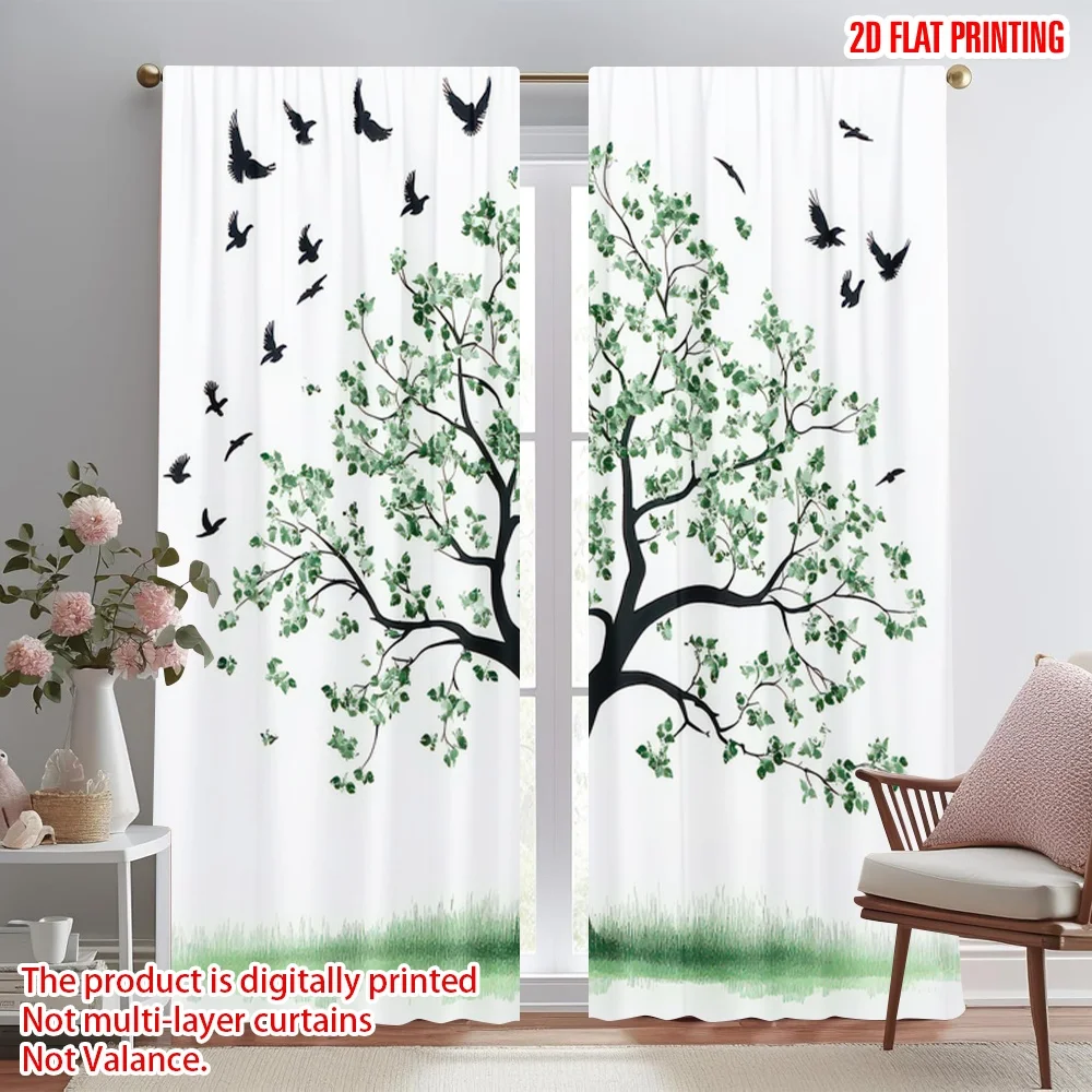 

2D flat printing 2pcs Curtains Tree with Flying Birds Digital Printed Polyester Drapes Seasonal Party & Holiday Decor for Home &