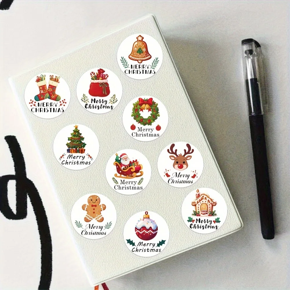 Round Christmas Stickers Xmas Gift Seal Labels with Santa Reindeer Gingerbread Merry Christmas Decals for Holiday Party Favors