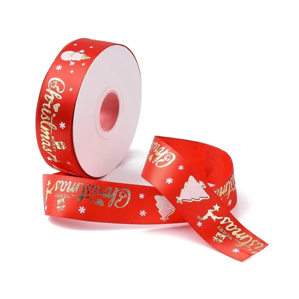 25 Yards Christmas Theme Printed Polyester Ribbon for DIY Jewelry Making Red 7/8~1 inch(23~25mm)