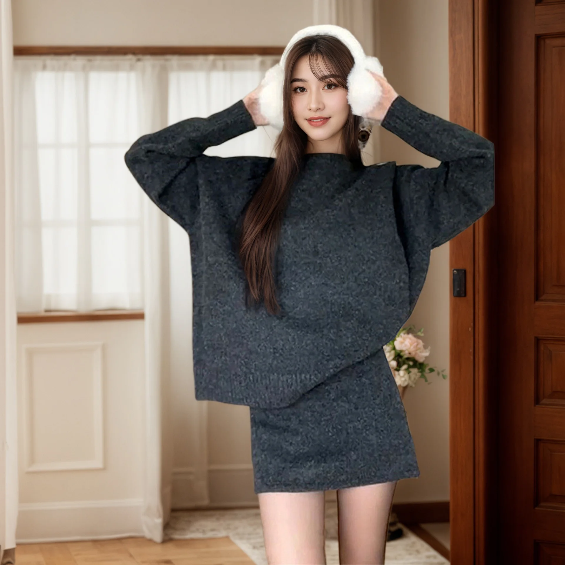 

2025 Winter Knitted Sweater New Round Neck Pullover Top and Short Skirt Two-Piece Set Women's Sweater