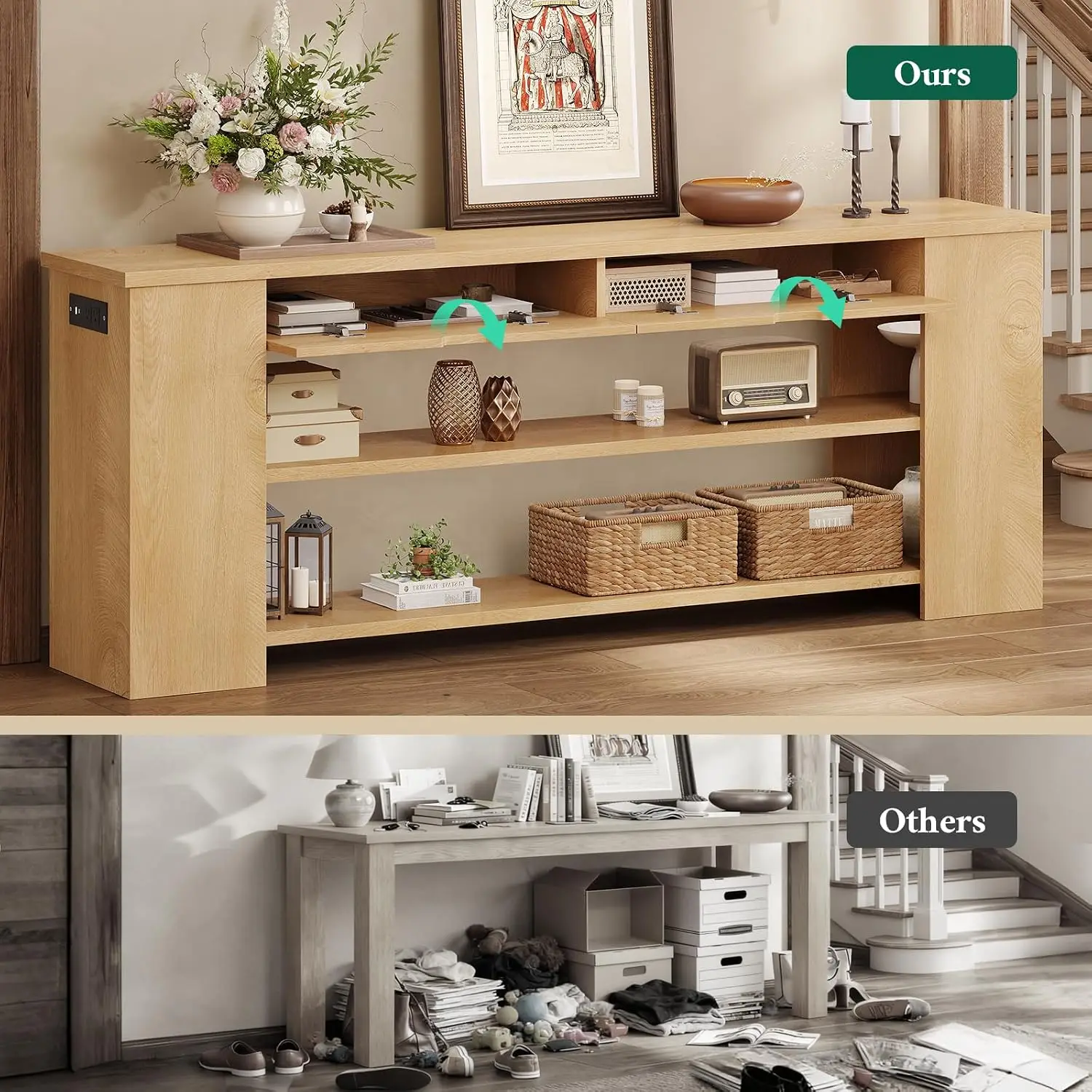 Extra Long Console Table with Drawers & Shelves, Built-in Outlets, Storage for Entryway Living Room, Natural Wood, Customized view 5