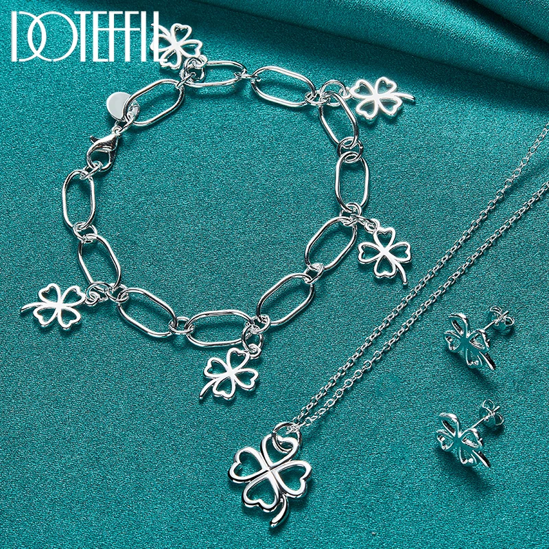 

DOTEFFIL 3pcs 925 Sterling Silver Four-leafed Clover Necklace Bracelet Earring Set For Woman Wedding Engagement Fashion Jewelry