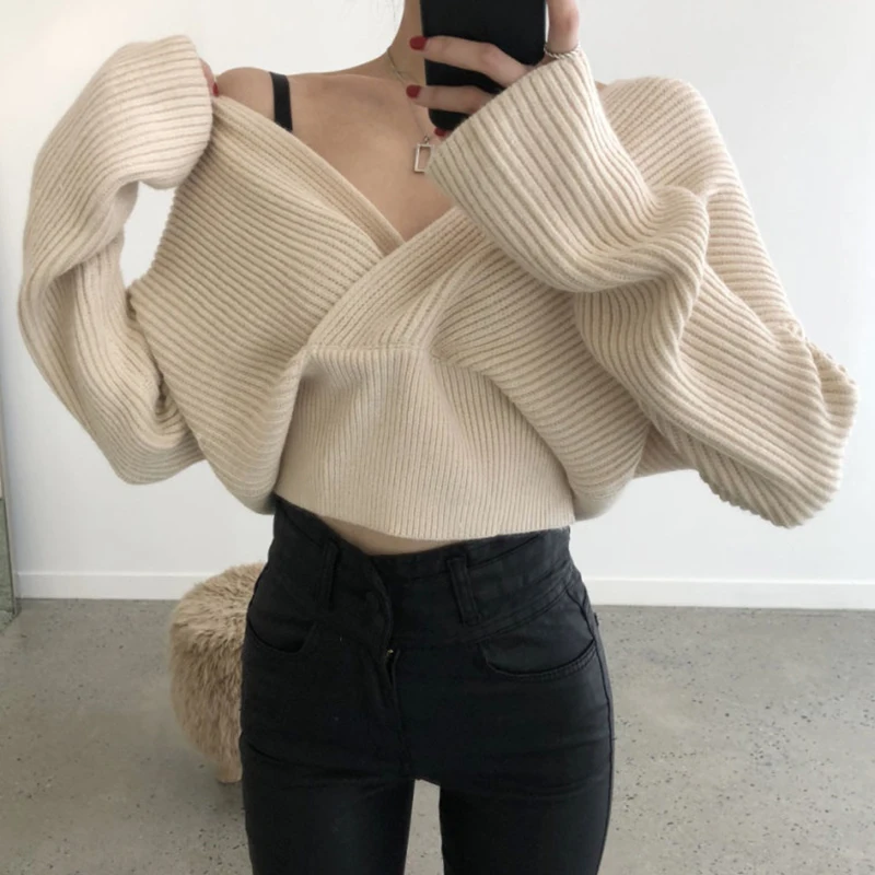 

Chic Autumn Winter Vintage Cross Ba Loose Long Sve Deep V Ne ort Knitted Sweater for Women Sli Commute Faion