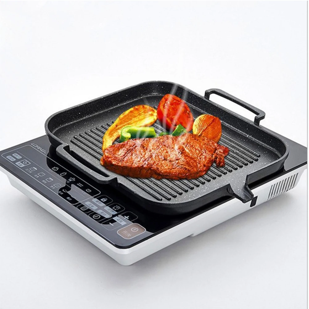 

Smokeless BBQ Pan Plate for Induction Cooker Black Tray Non Stick Easy Clean Drain Oil Slowly Grilling Steaks Chicken Fish