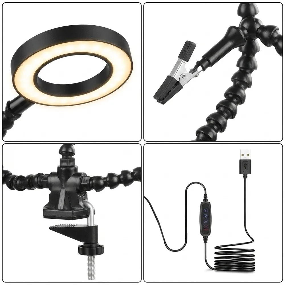 Flexible Soldering Helping Hands with 5-Arm Adjustable Clamp and Built-in USB LED Ring Light for PCB Work and Electronics Repair