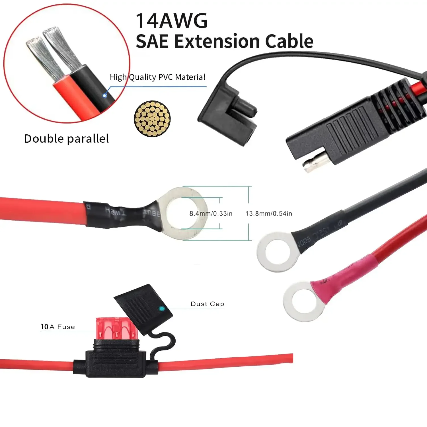60CM 18AWG 14AWG 12AWG 10AWG SAE to O Ring Terminal Harness with 10A Fuse SAE Extension Cable Adapter