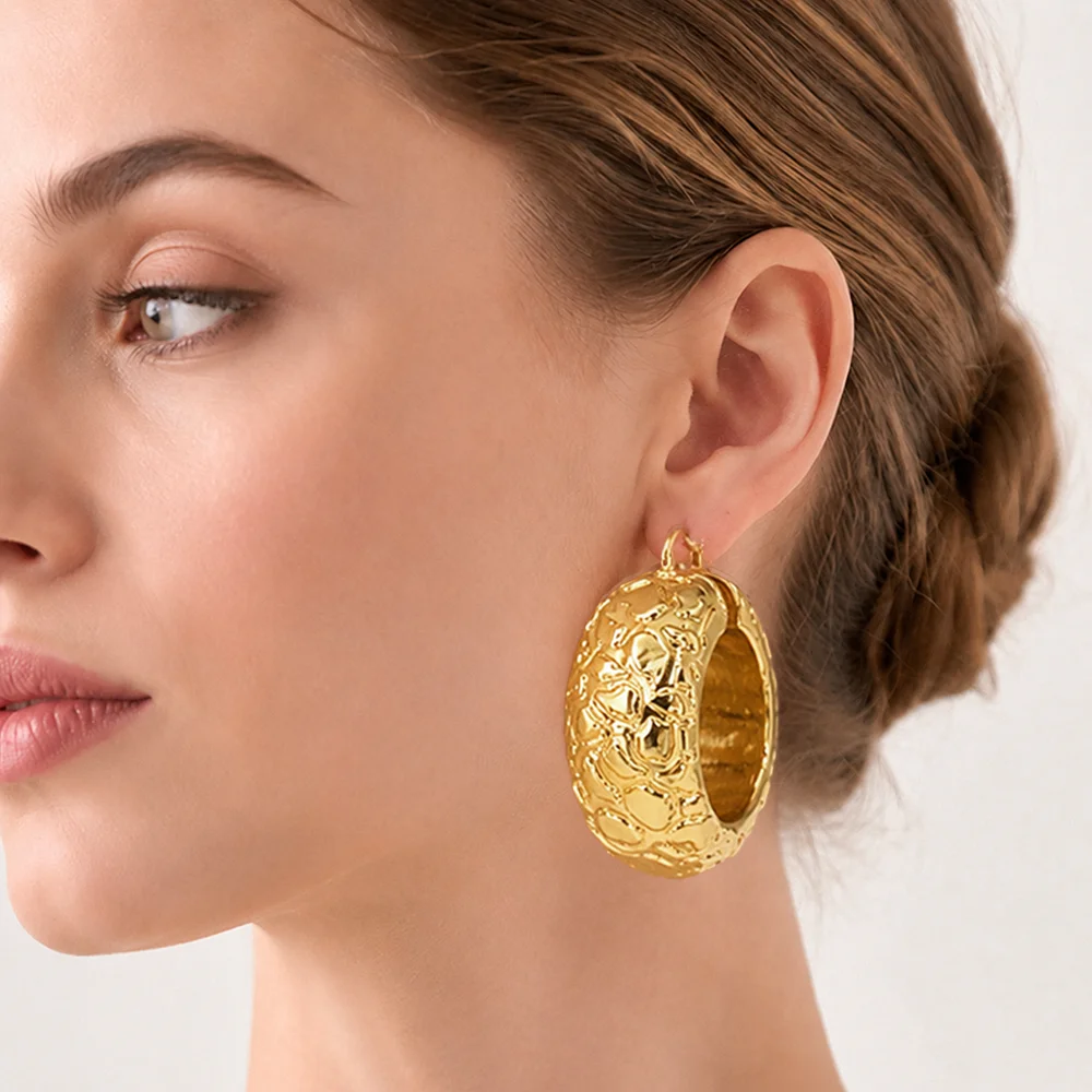 YTJX African Chunky Wide Hoop Earrings 18K Gold Plated Irregular Crackle Textured Huggie Earring Luxury Statement Women Jewelry view 6