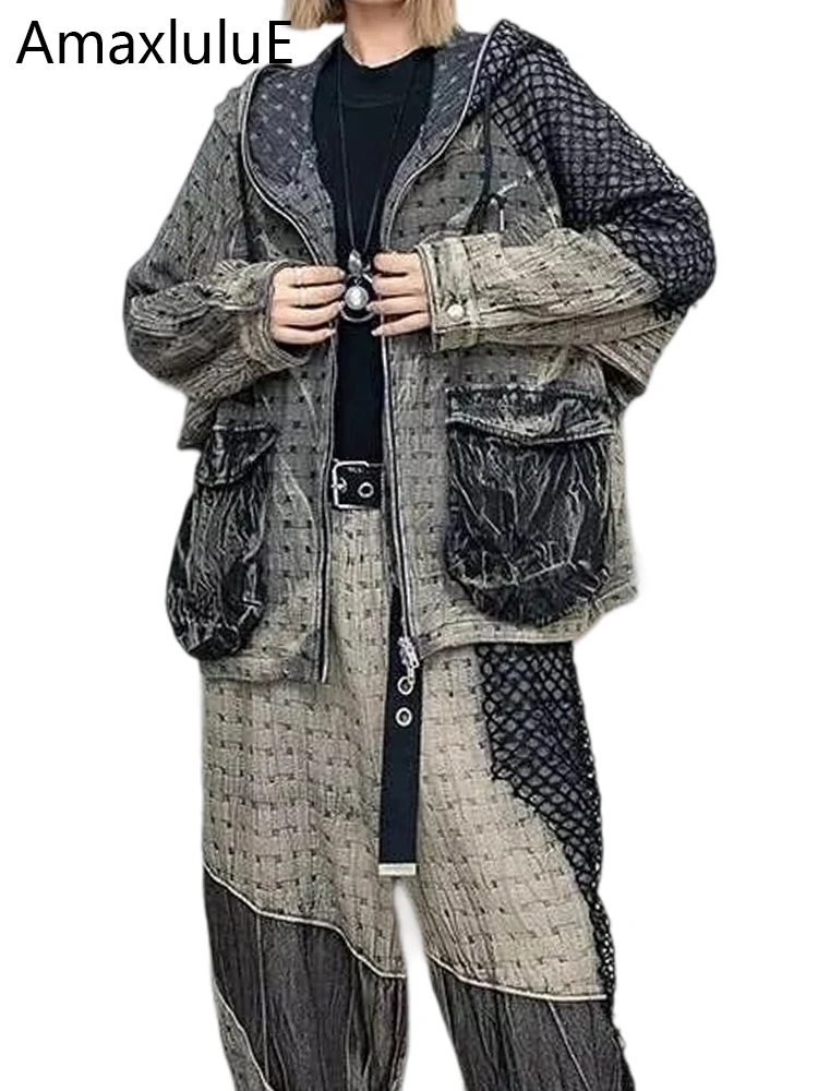 

Amax LuluE Autumn Pants Suits Womens Fashion Vintage Denim 2 Pieces Sets Loose Hooded Jacket Punk Mesh Jeans Oversized Outfits