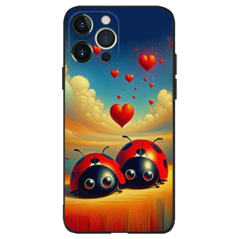 Insect Seven-star ladybug Phone Case For iPhone 16,15,14,13,12,11,Plus,Pro Max,XS,X,XR,SE,Mini,8,7 Soft Silicone Black Cover