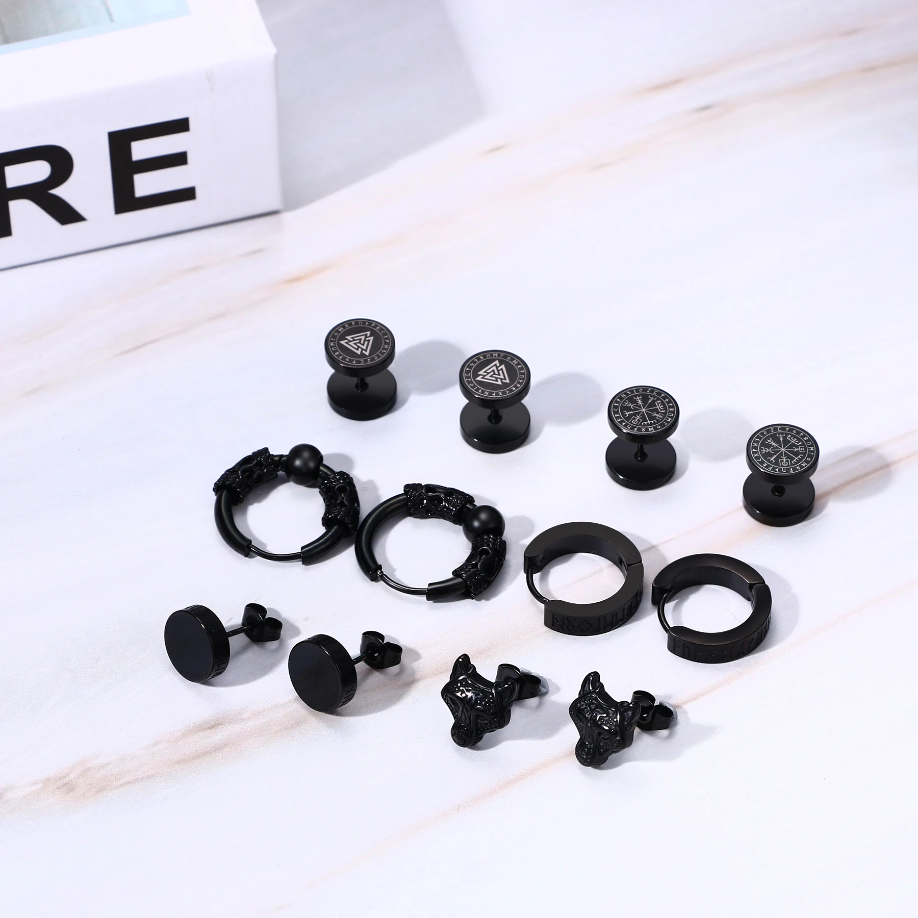 Boniskiss 6 Pairs Norse Viking Runes Hoop Earrings Stainless Steel Black Fake Plugs for Boys Men Women Piercing Ear Stud Jewelry