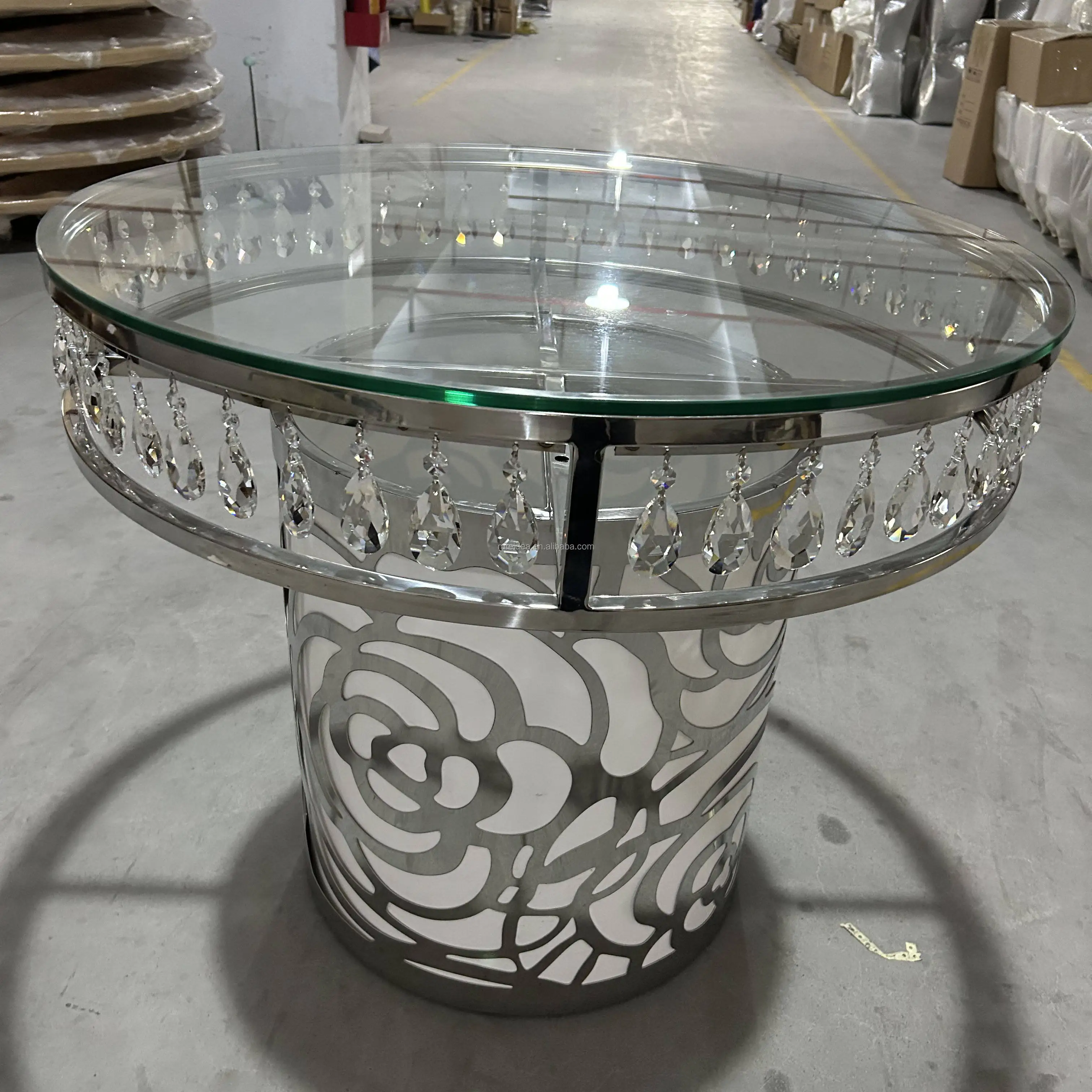 XX-Events Decoration Mirror Glass Top Circle Luxury Gold Stainless Steel Round Wedding Cake Table With Crystals^