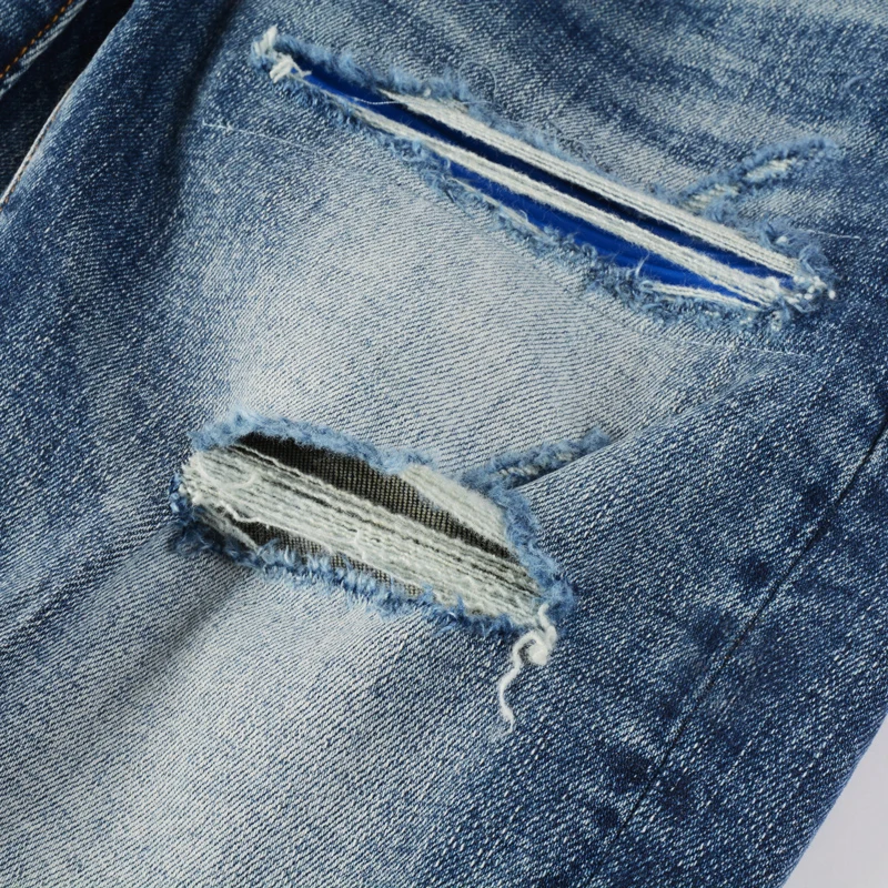 designer street fashionY2K new jeans washed nostalgic stretch slim fit retro perforated blue leather patch blue jeans hip-hop b