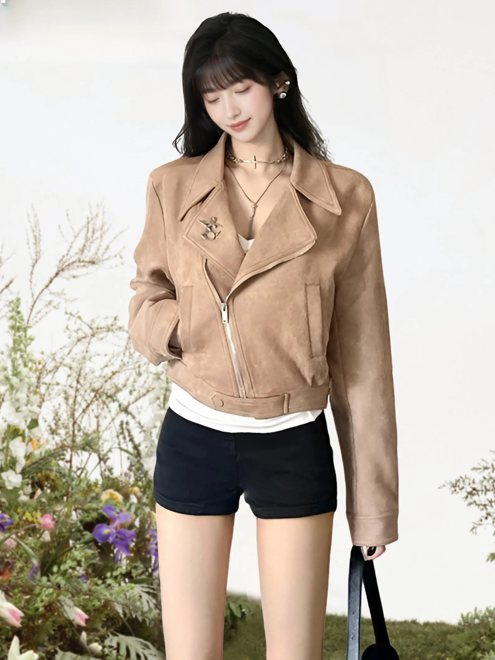 

Retro American Brown Suede Jaet Women's Spring Autumn New Cool Versatile ature Match Upper Apparel Commute Sle Loose Fit