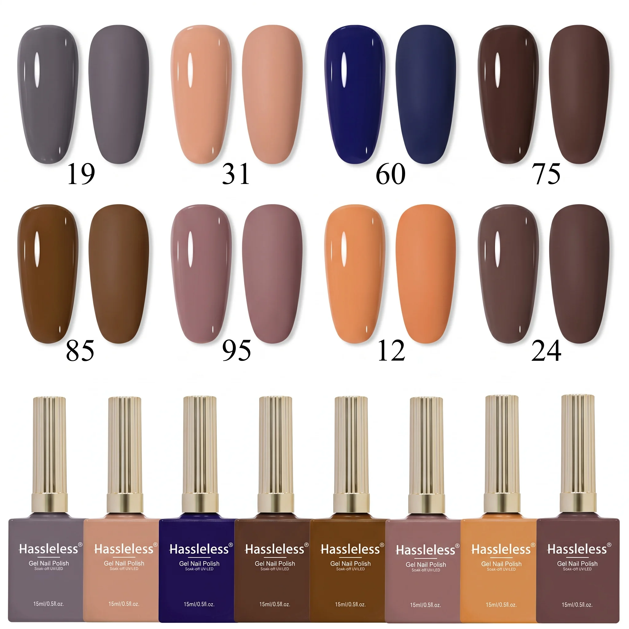 Hassleless 8Pcs Nail Polish Gel Set - Each Bottle Contains 15ml, Removable Nail Polish, Long-Lasting High Color Payoff and Shiny Texture, Salon-Grade Nail Kit Suitable for Beginners