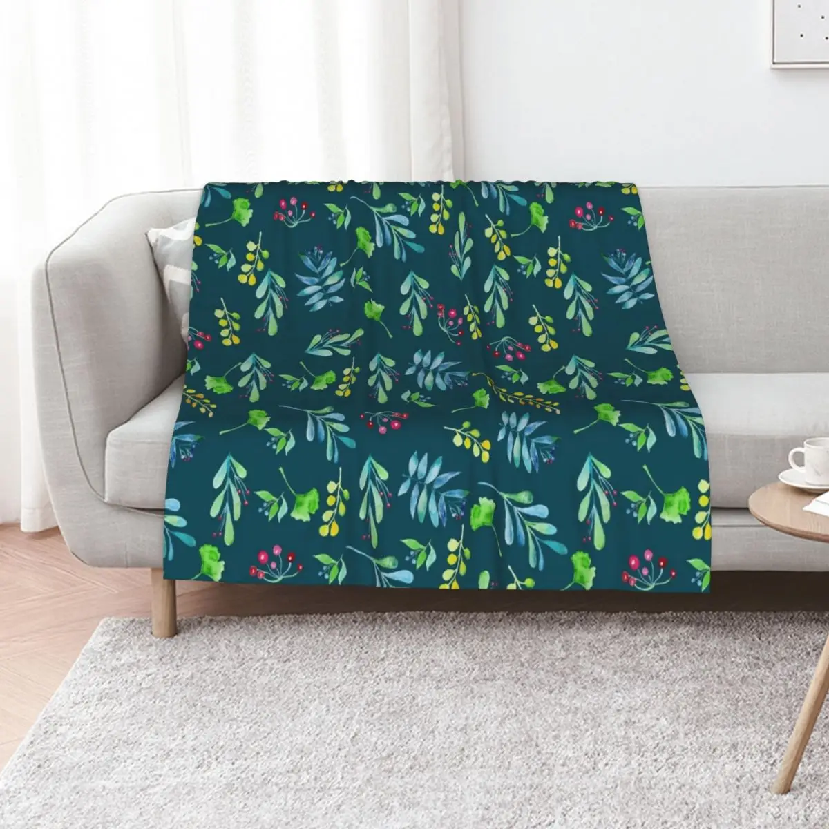 

Green and Blue Watercolor Flowers & Leaves Pattern Throw Blanket Polar Blankets For Baby Flannel Fabric Nap Blankets