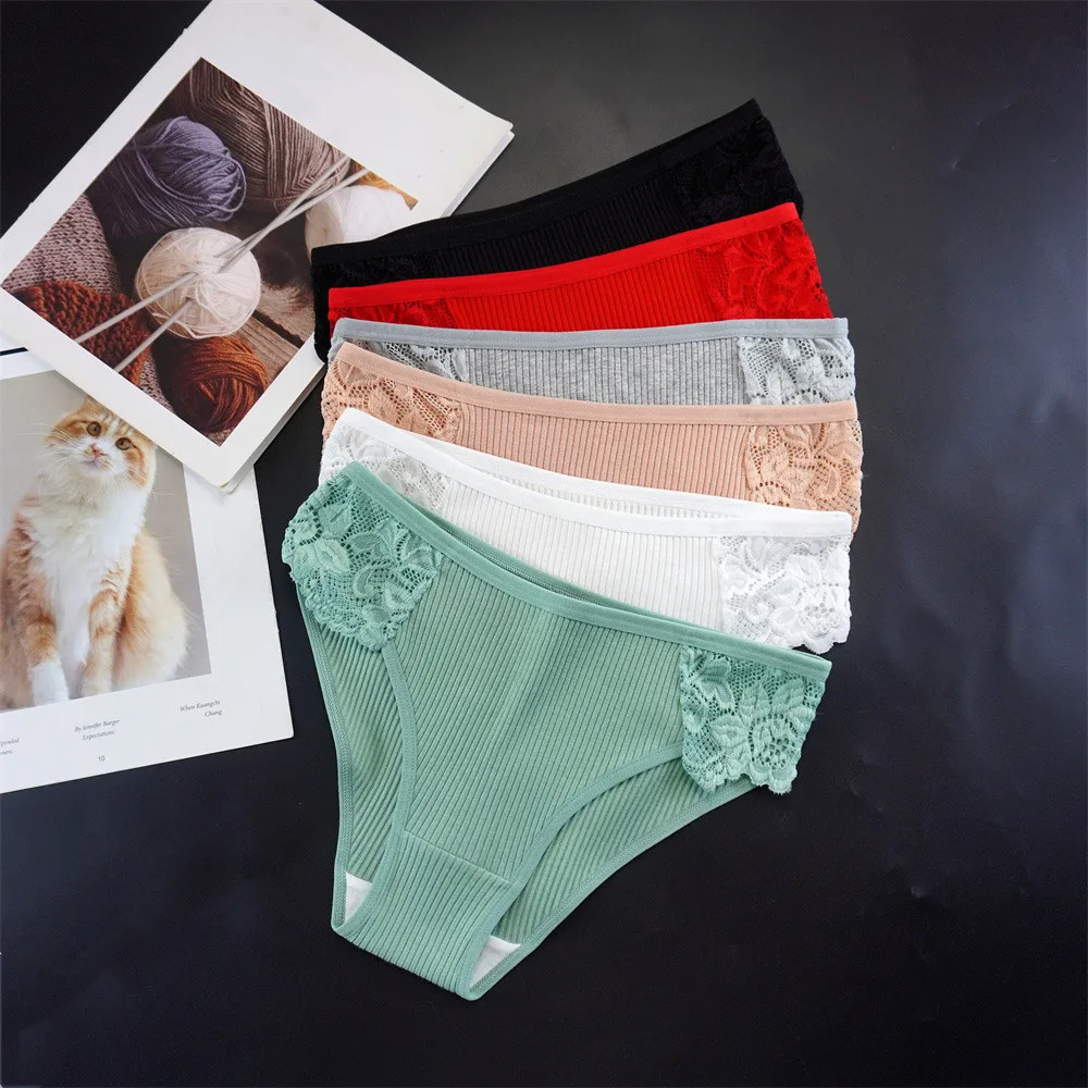 3Pcs Comfort Panties Ribbed Cotton Women Pack Set Female Underpants Sexy Solid Color Lace Panty Briefs Intimate