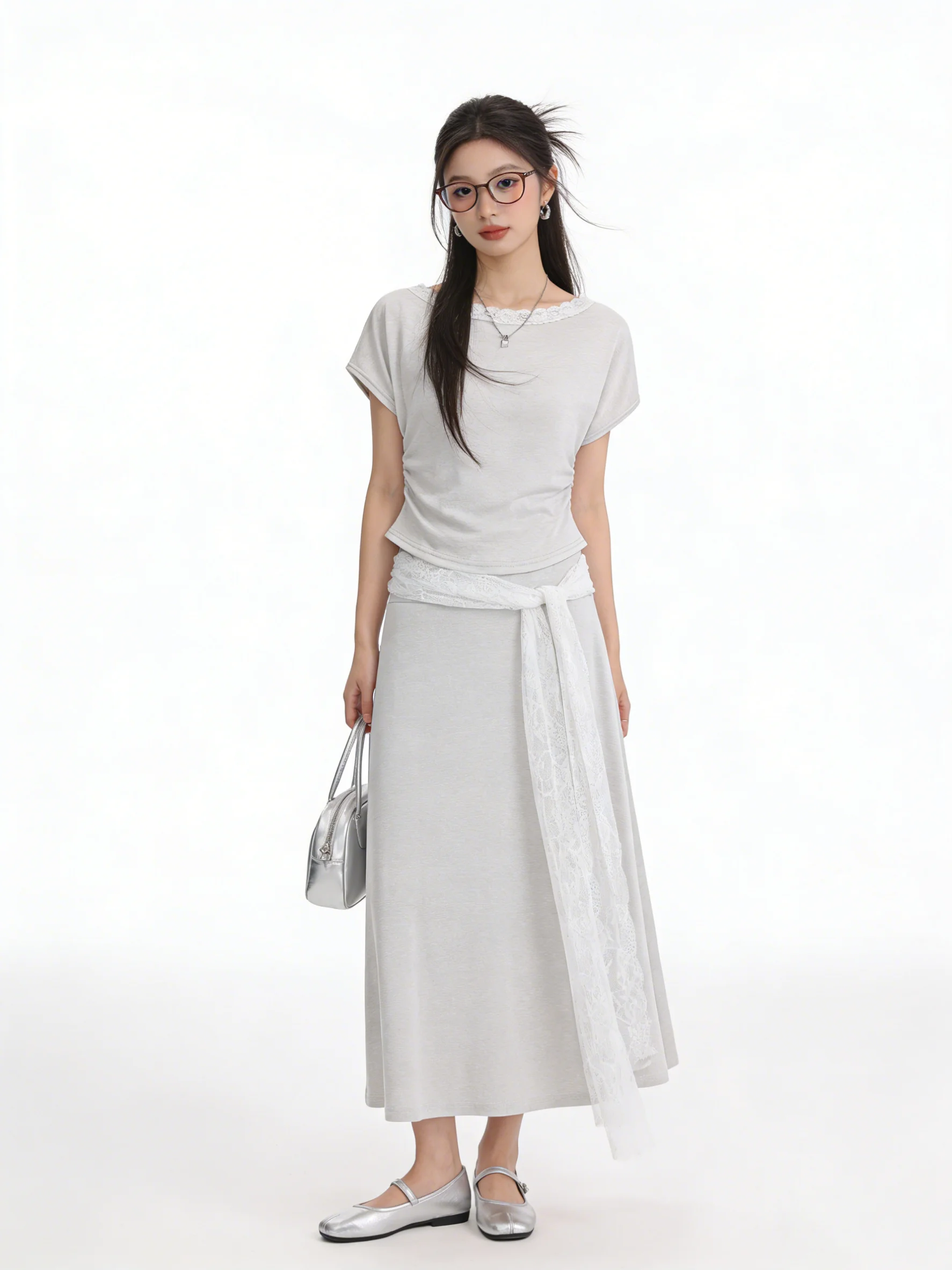 

Spring Commuter Style Lace Shoulder T-Shirt High Waist Draped Belted Skirt Two-Piece Set Summer Fashion Korean Women's E...