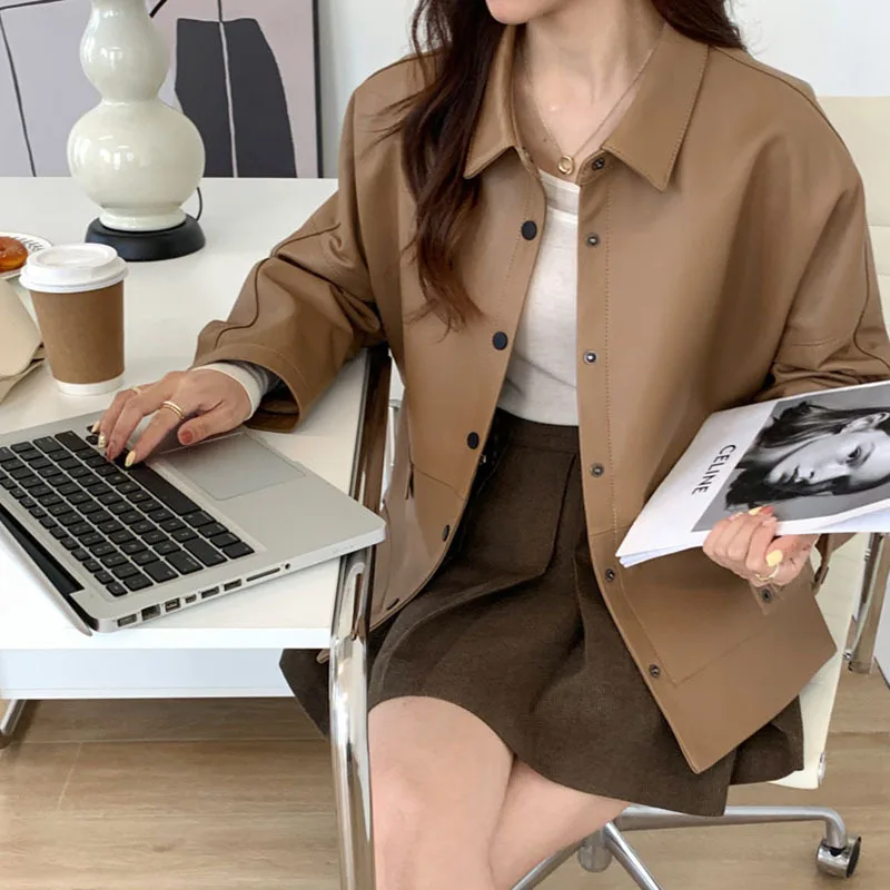 

2023 Sheepskin Bat Shirt Women's Spring New Short Casual Loose Turn-down Collar Single Breasted Genuine Leather Overcoat Female