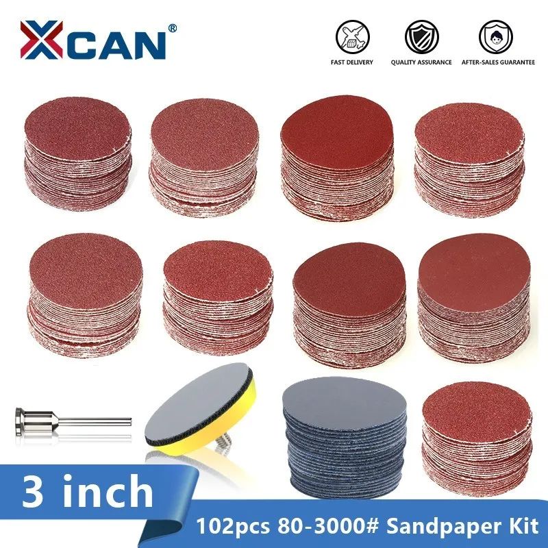 XCAN Sanding Disc 102Pcs 3inch 75mm  Round Abrasive Dry Sandpaper with 3'' Back-up Pad For Polishing Cleaner Tools Sanding Paper