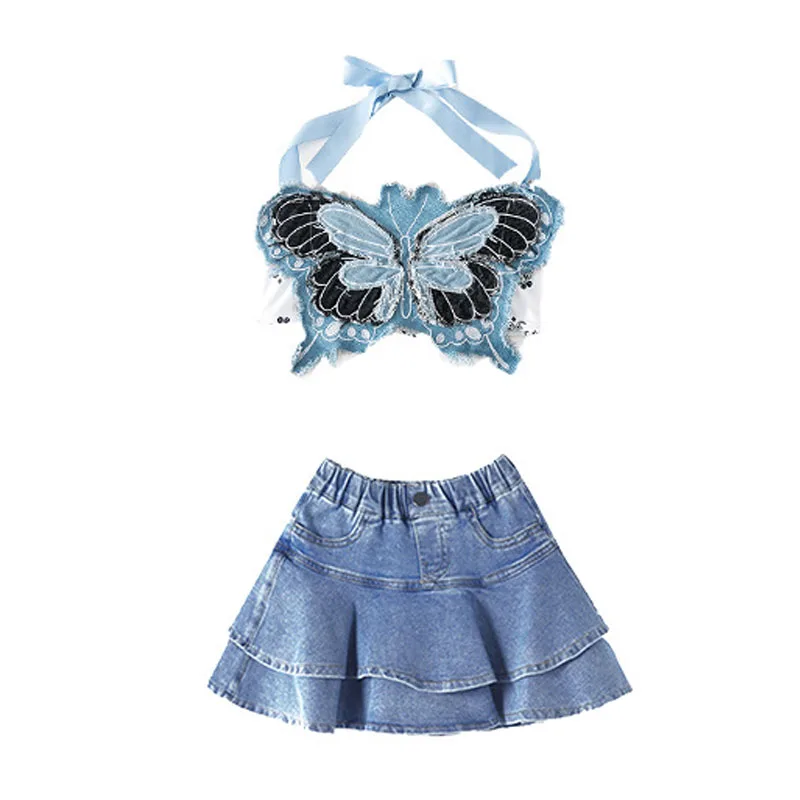 Kid Hip Hop Clothing Denim Blue Butterfly Crop Tank Casual Patch Ripped Jeans Pants Skirt for Girl Jazz Dance Costumes Clothes