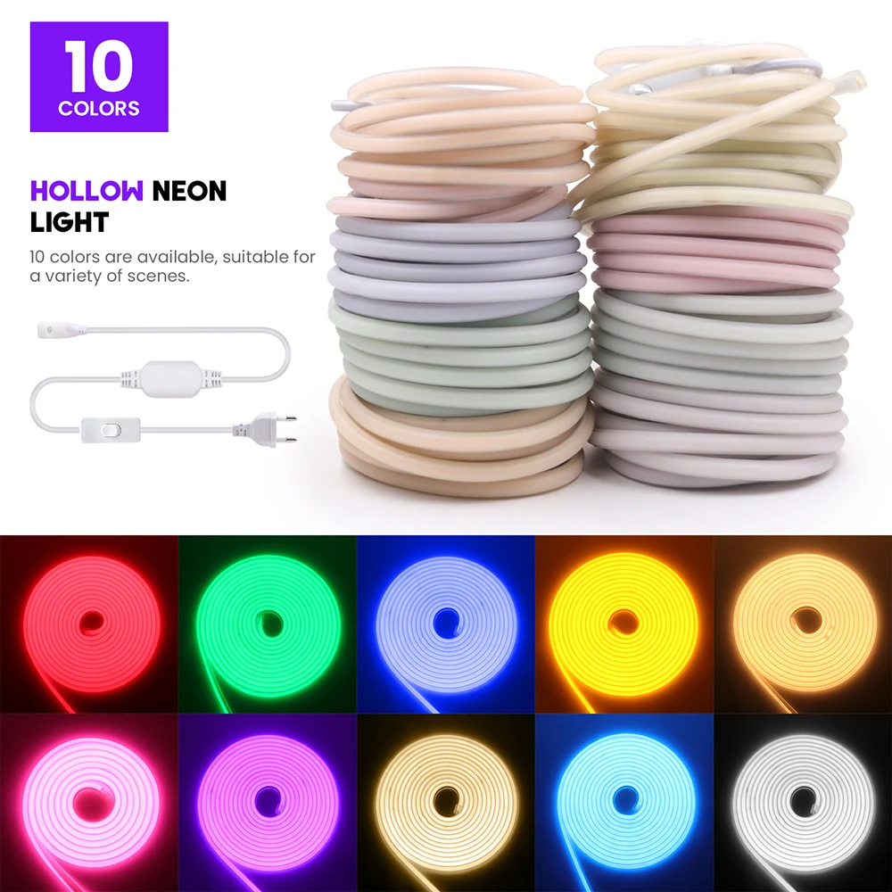 AC 220V Switch COB LED Neon Strip Light 288LED EU Power Plug Kit White Pink Red 10 Color Waterproof Flex Tape Kitchen Home Decor