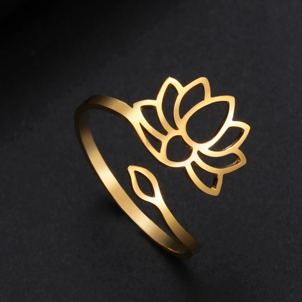 Dawapara Lotus Flower Yoga High Polish Ring Women Stainless Steel Adjustable Rings Om Symbol Yoga Ohm Amulet Religious Gift