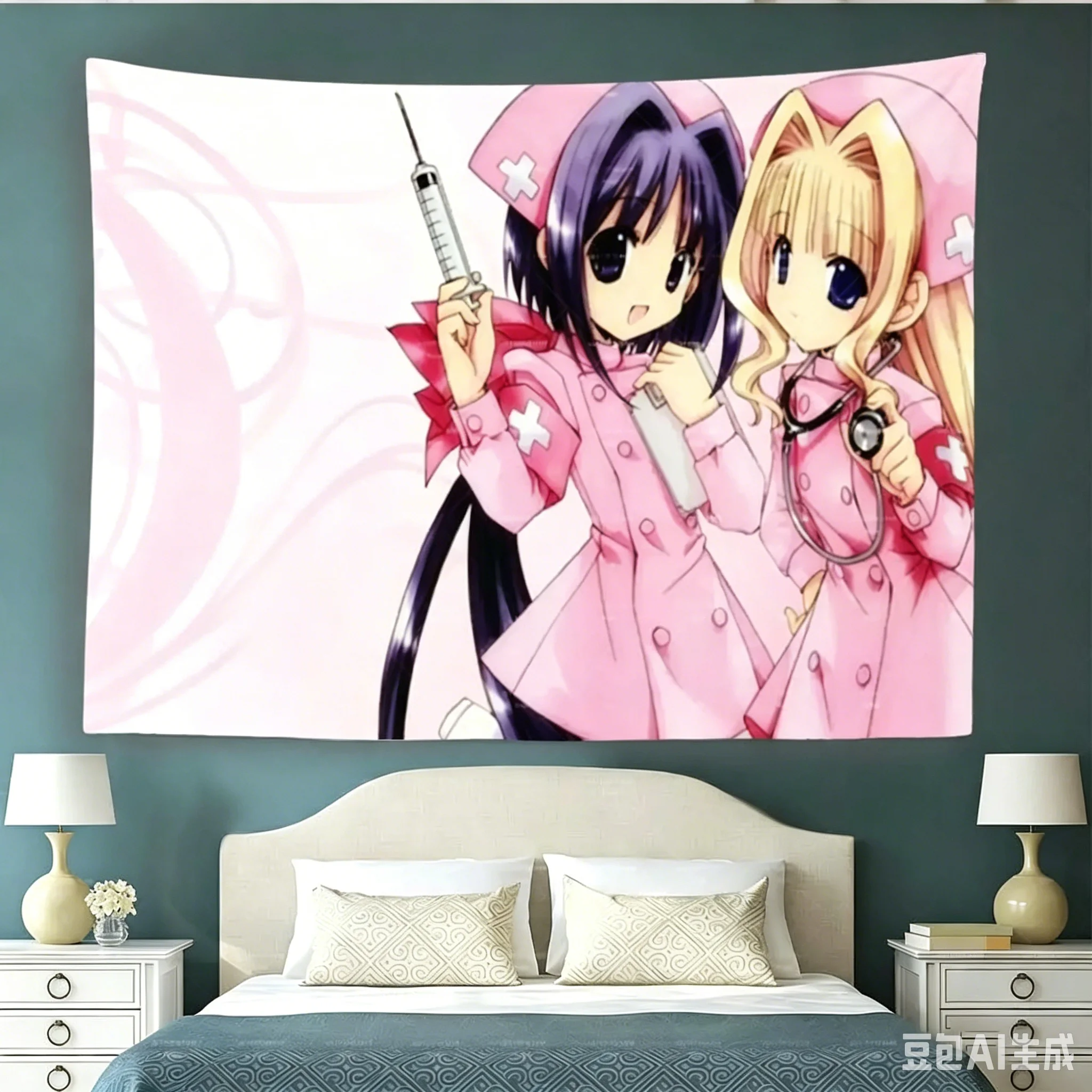 Cute Twin Nurse Anime Girl Horizontal Wall Tapestry, Purple Hair & Blonde Girl Syringe Stethoscope Print Wall Hanging, Pink Swir