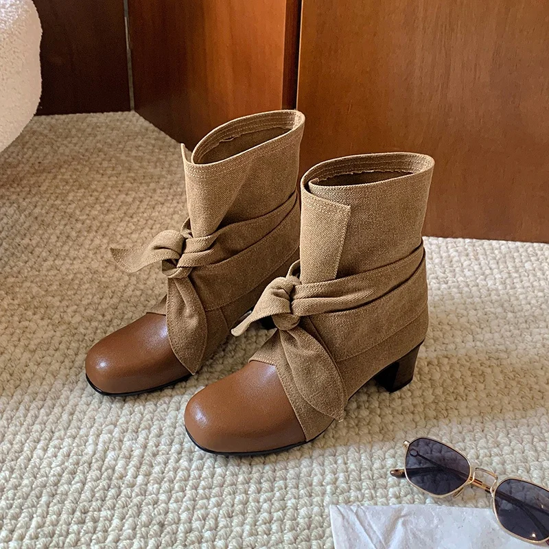 MKKHOU Fashion Short Boots Women's New High Quality Genuine Leather Boots Splicing Round Head Bow High Heels Boots Dress Boots