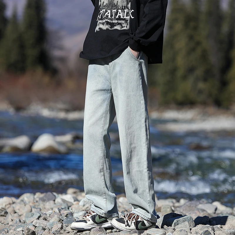 New High Waist Elastic Fashion Pocket Drawstring Solid Color Loose 2024 Autumn and Winter Men's Straight Tube Versatile Jeans