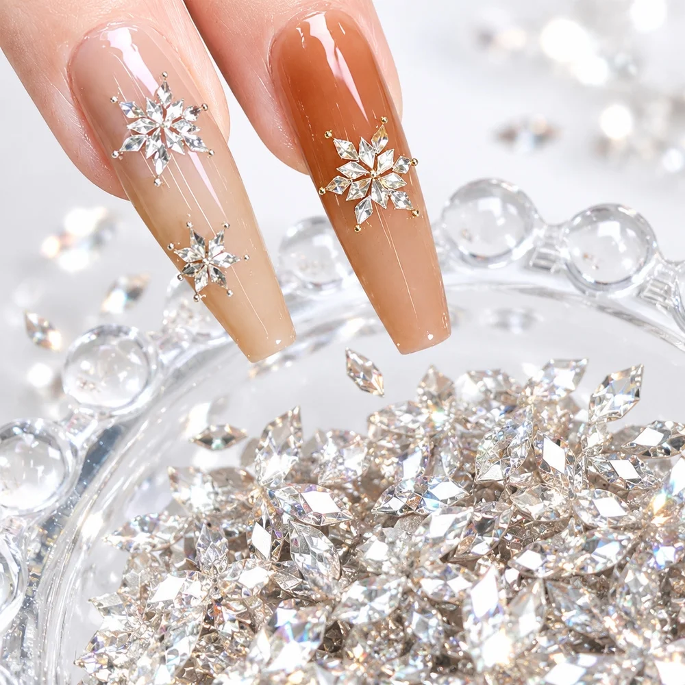 Mixed Color Nail Rhinestones Snowflake Rhombus Zircon 100Pcs White Champagne Shiny Party Prom Nail Jewelry Set for Women Ladies