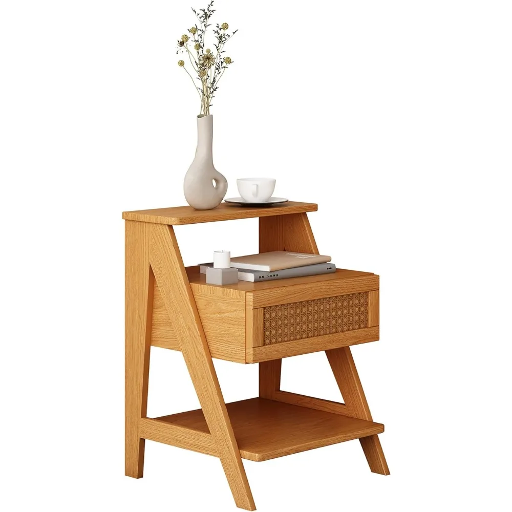 

Modern Wooden Nightstand with Drawer,Night Stand,Rattan Bedside Tables,Mid Century Nightstands with 3-Tier Side Table with Stor