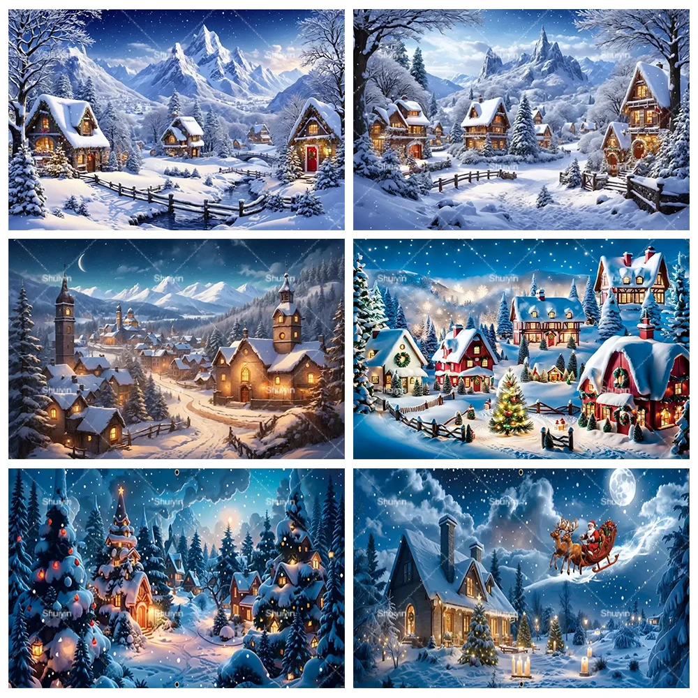 

Winter Snow Scene Town Mountain Village Backdrop Christmas New Year Party Decor Banner Photography Background Photo Studio Props