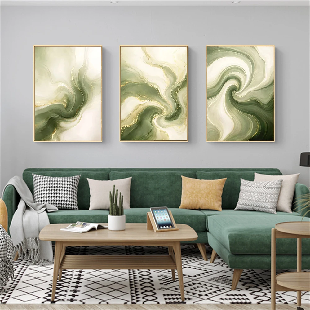 Sage Green Gold Foil Marble Abstract Canvas Poster Set Fluid Swirl Marble Texture Wall Art for Living Room Bedroom Home Decor