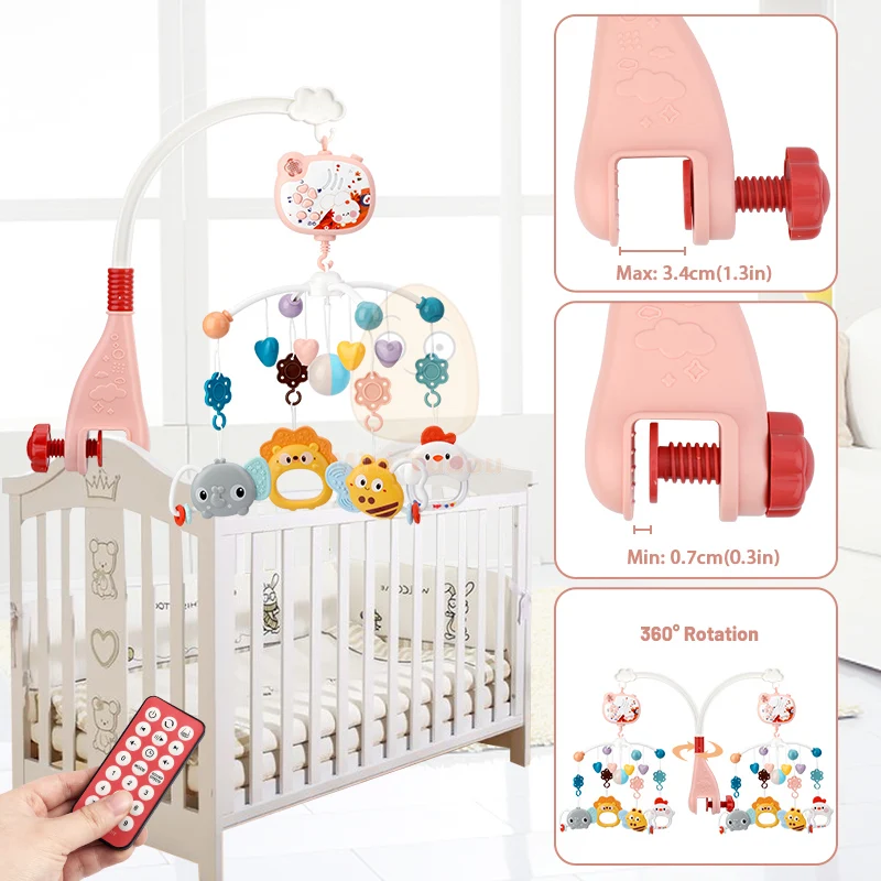 Mainan bayi 0 12 bulan kerincingan musik tempat tidur bayi berputar jarak jauh ponsel bel tempat tidur lampu malam korsel untuk hadiah bayi baru lahir