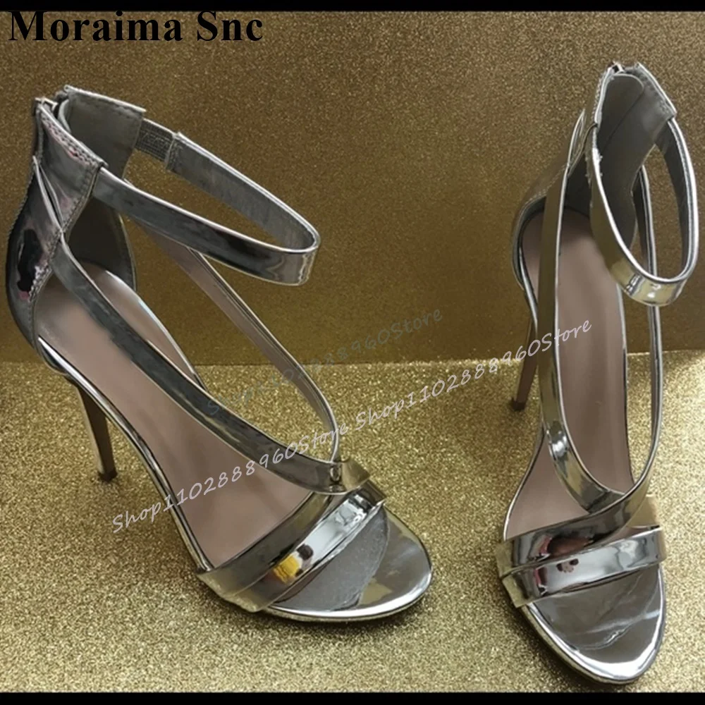 

Trendy Metallic Silver Cross Band Sandals Thin High Heel Women Shoes Back Zipper Peep Toe 2025 Fashionable Zapatos Para Mujere