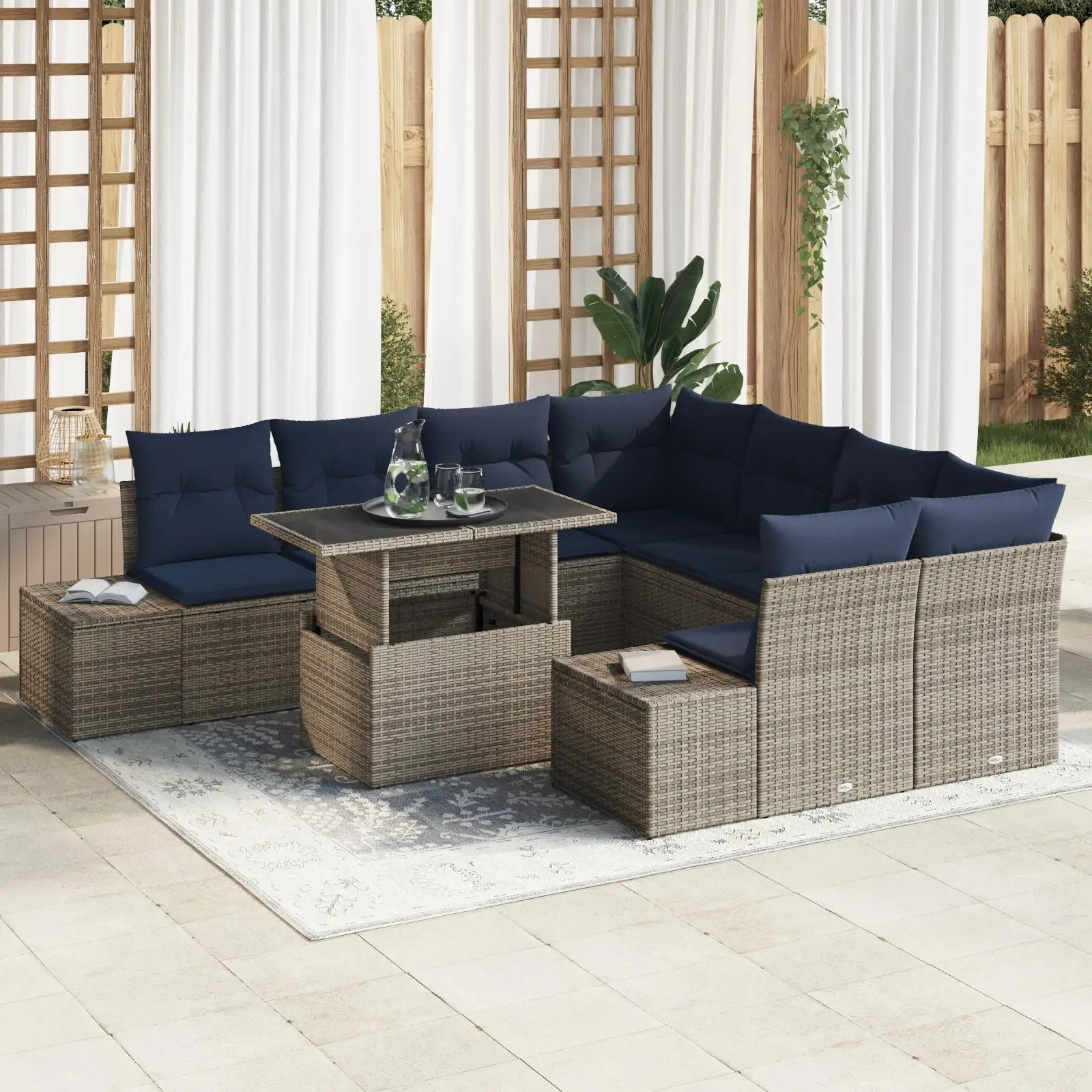 

9 Piece Outdoor Garden Sofa Set with Gray Cushions Rattan Furniture Patio Seating