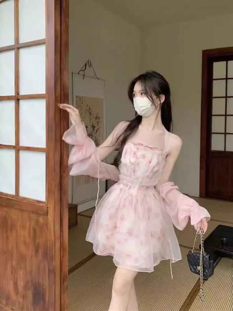 

Encounter Flower Sea Hanging Neck Strap Dress Women's Korean Edition Slim Pink Rose Chiffon Fragmented Flower Dress Beach G3JN