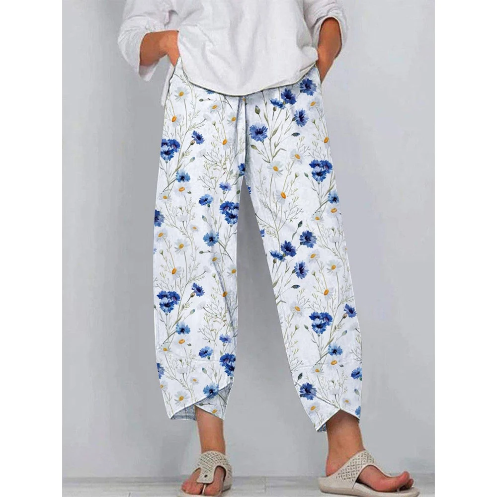 

CLOOCL Women Pants Oversized Trousers Double Pocket Little Floral Print Comfortable Ankle Length Pants Female Sportswear