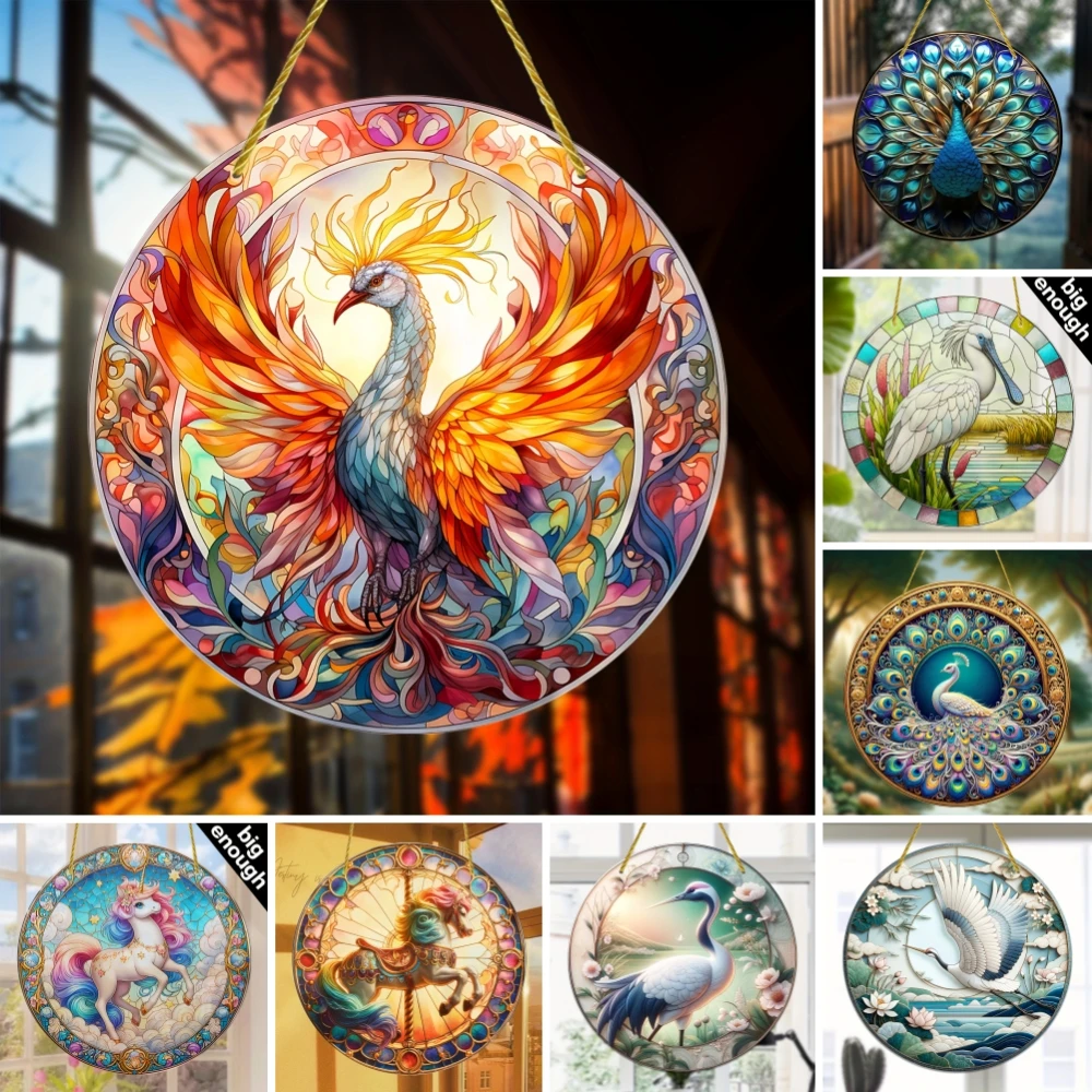 Phoenix Peacock Suncatcher, Art Stained Window Hanging, Sun 