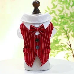 1PC Pet Clothing Dog Spring and Autumn Wine Red Stripe Gentleman Suit Shirt Coat With Drawstring Buckle For Small Medium Dogs