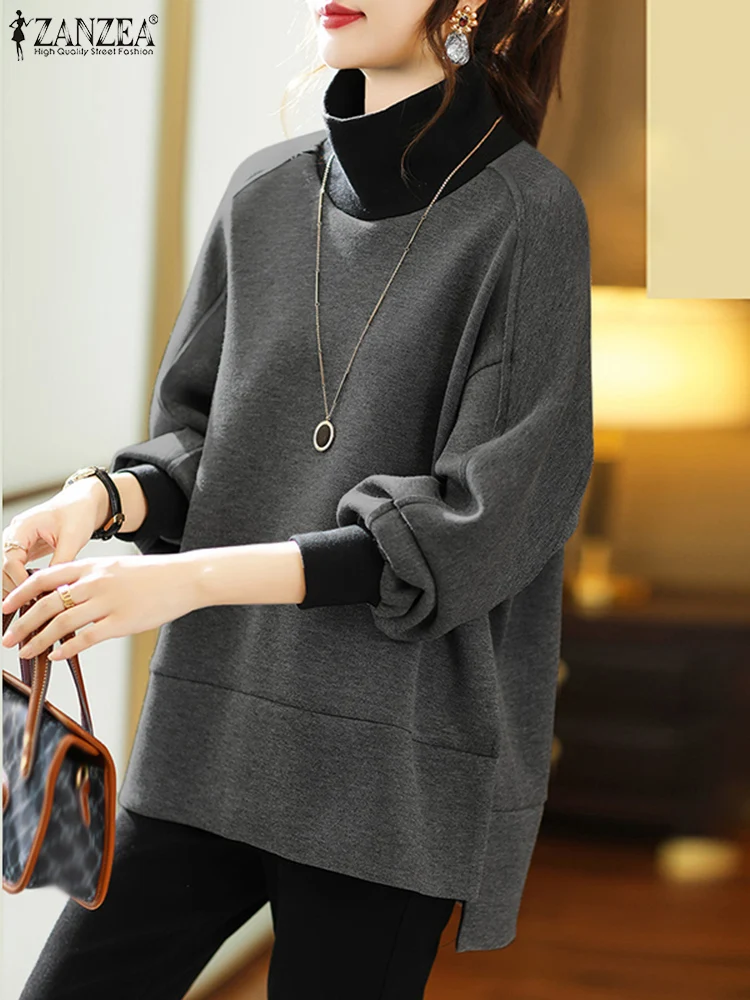 Women High Collar Swearshirts ZANZEA 2024 Autumn Fashion Tops Casual Long Sleeved Loose Hoodies Elegant Colorblock Pullovers