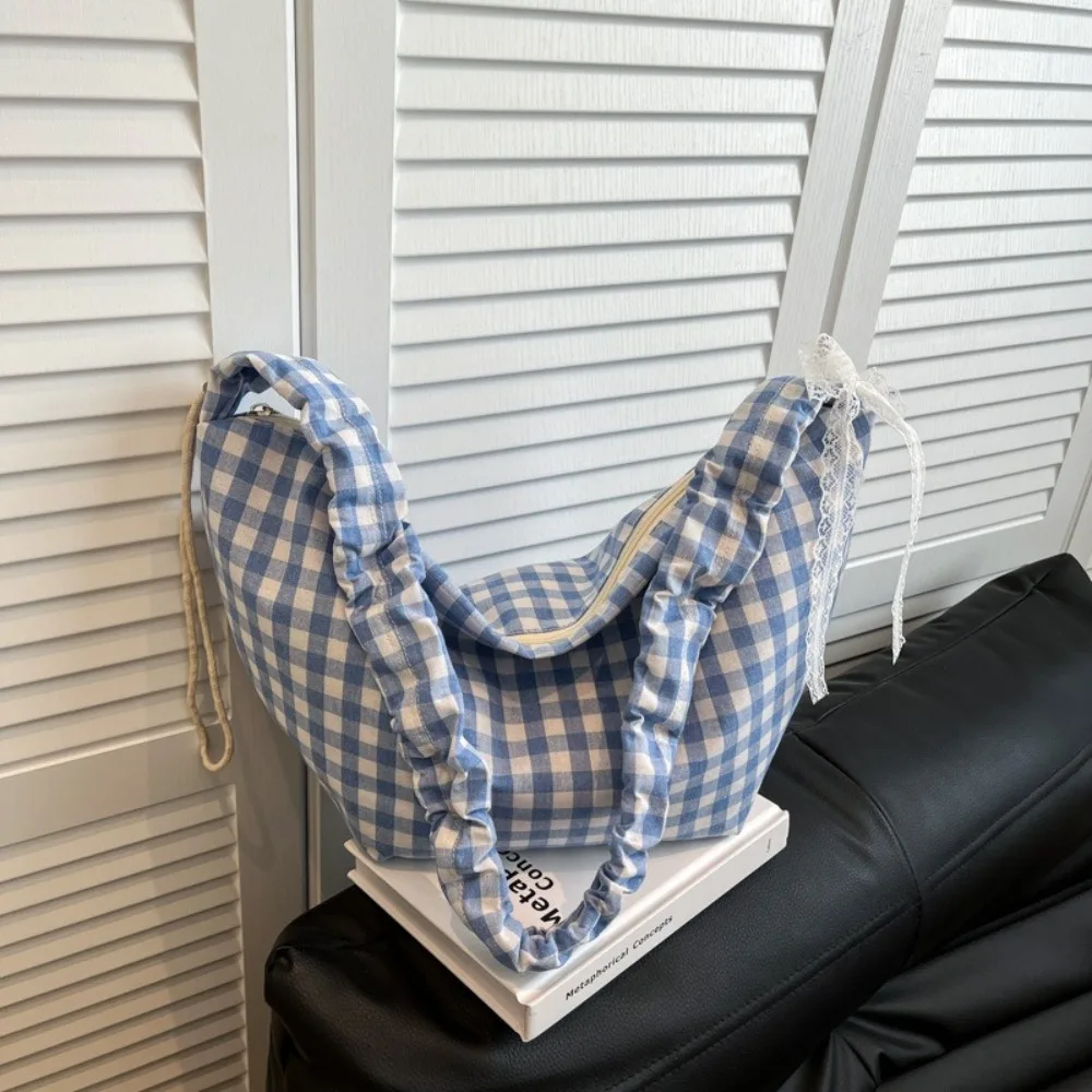 Простая корейская сумка через плечо Hobos в клетку в форме полумесяца, парусиновая сумка большой вместимости, весна-лето